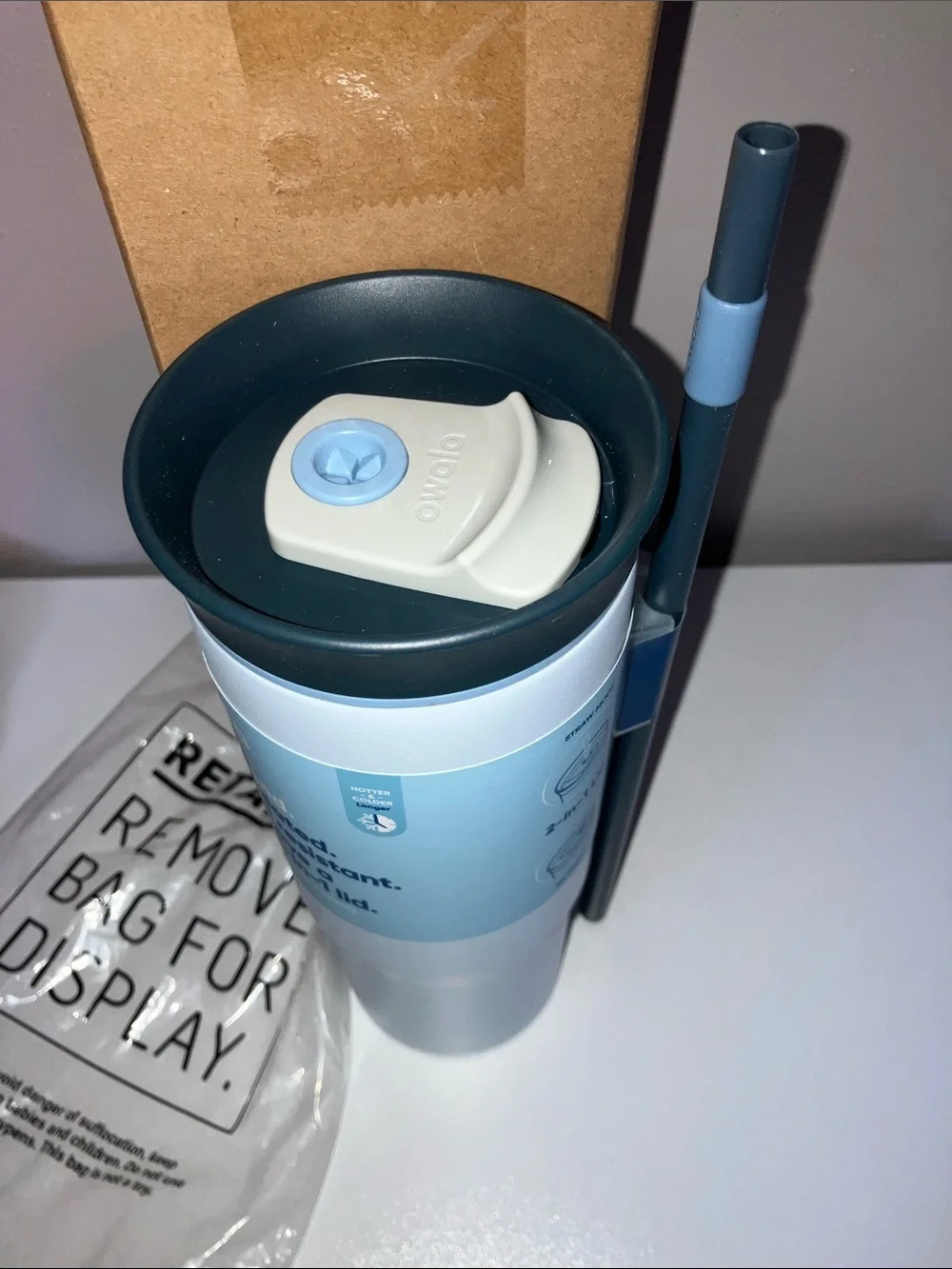 NIB-Owala White Insulated Travel Tumbler with Dark Gray Lid 24 OZ.